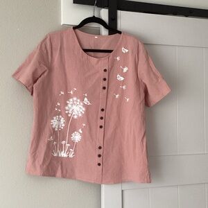 Pink Button-Down Top with Floral Design